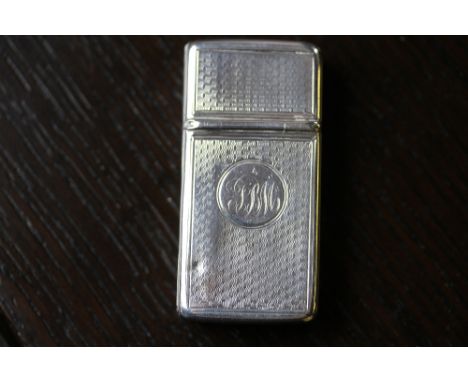 Unusual Victorian silver combined vesta case and cigar cutter with 'basket weave' engine turning and circular cartouche by F.