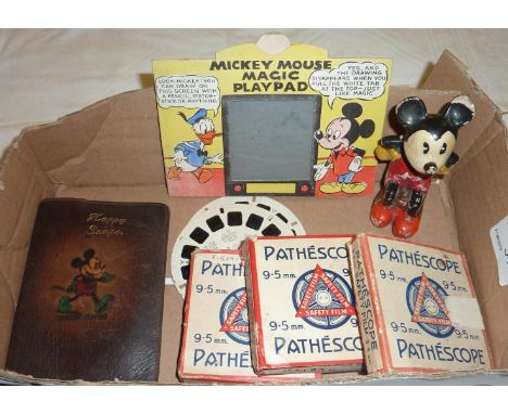 Mickey Mouse Happy Snap wallet, Mickey Mouse figure, 3 pathescope reels and a Mickey Mouse Magic Play Pad