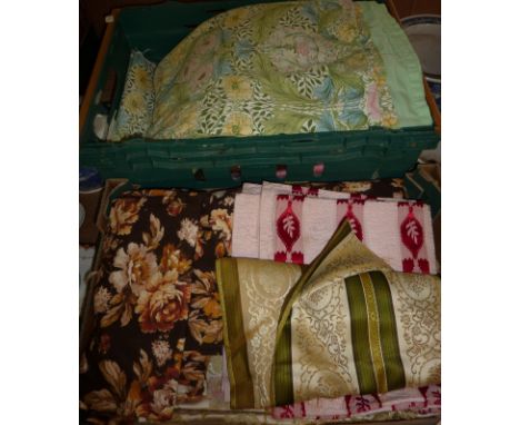 2 boxes of vintage curtains, material etc