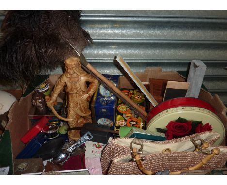 Box of assorted collectable's inc ostrich feather duster, riding crop, handbags, purses, trinket boxes etc