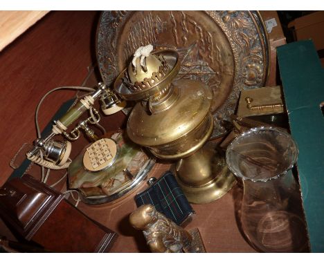 2 carriage clocks, oak cased mantle clock with brass dial engraved Garrard & Co Ltd, onyx telephone, brass paraffin lamp etc