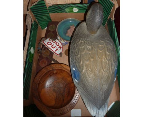 Duck decoy, mounted set of pennies, small ceramic dish with crest for West Riding's Squadron Royal Air Force, enamel 'Lookout