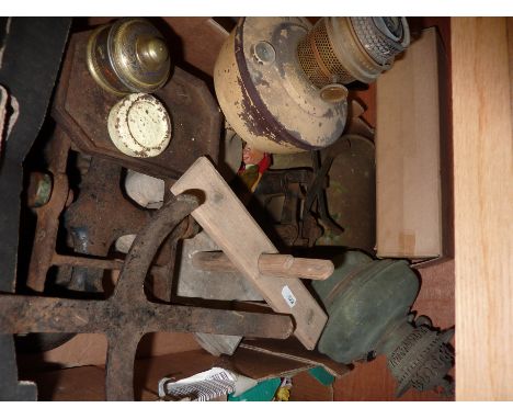 2 sets of old scales, wooden press, paraffin lamps etc