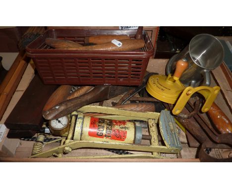 Box of assorted tools, spong mincer, old foot pump etc