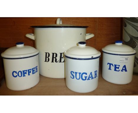 Enamel bread bin and 3 enamel canisters