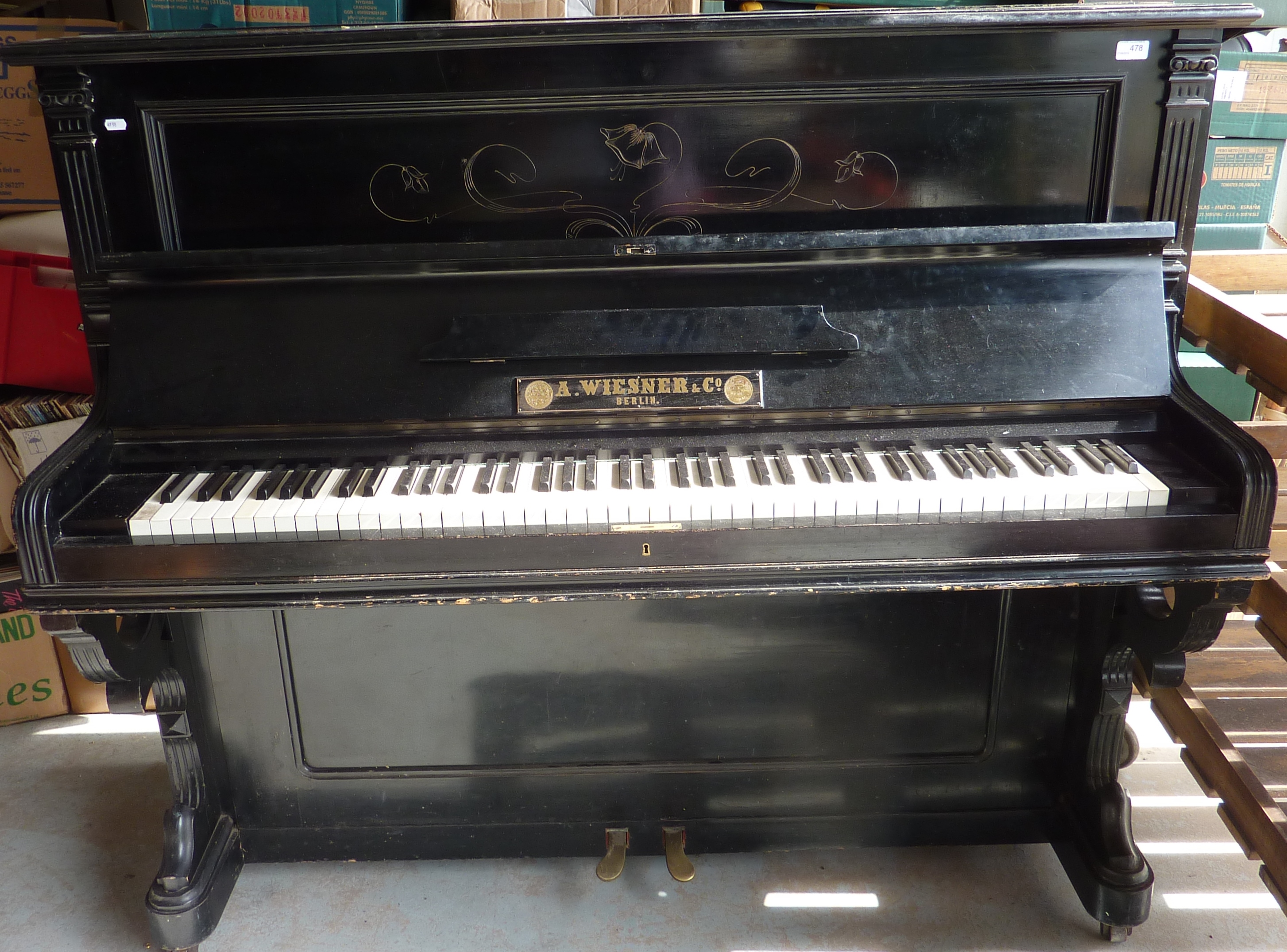 Ebonised cased Wiesner & Co Berlin upright piano with stool