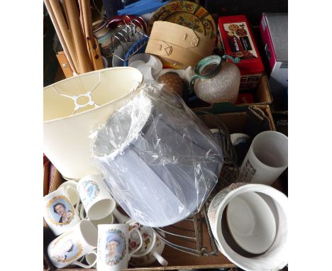 Commemorative mugs, planters, biscuit tins, bamboo steam cooker, lamp shades etc (2 boxes)