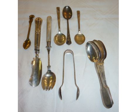 Set of 6 silver tea spoons, silver fork with mother of pearl handle, silver tea spoons etc