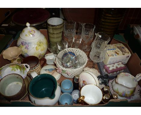 Box of decorative ceramics inc Motto ware, hand painted trinket pots etc