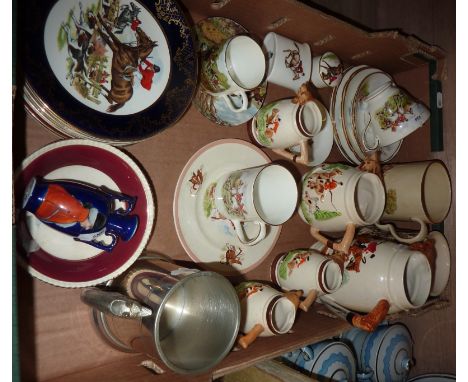 Box of assorted ceramics with hunting design