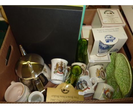 Commemorative mugs, Rington's commemorative beakers, leaf plate, Royal Worcester 'Worcester Herbs' shell shaped dish in origi