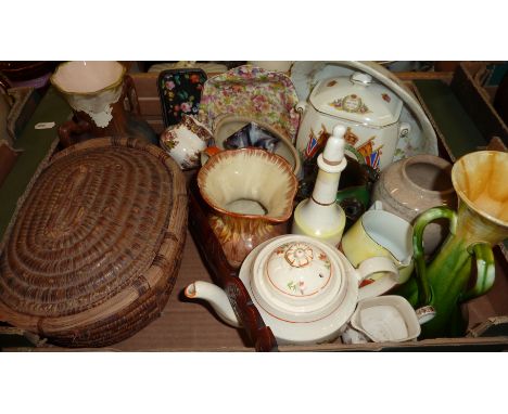 Wade Heath jug, Studio pottery 3 handled vase, Chintz pin dish, slag glass pot, coronation tea caddy etc
