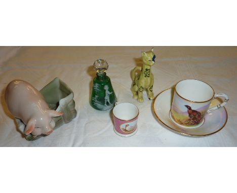 Small green scent bottle with Mary Gregory style hand painted enamel, Royal Worcester Game Birds coffee can and saucer, pig o