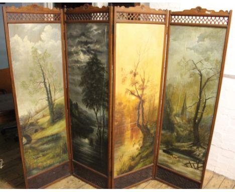 A late Victorian carved walnut four fold screen, one side each panel painted with a landscape emblematic of a season, the oth