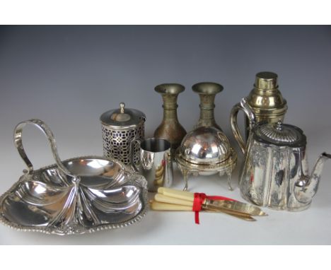 A collection of 19th century and later silver plated wares, to include; two teapots, two entree dishes and covers, other dish