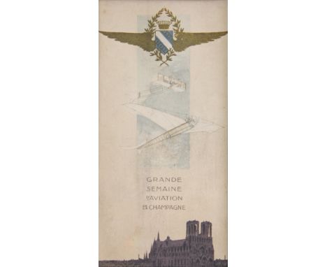 Grande Semaine D'Aviation De La Champagne 1909, a printed and embossed panel decorated with two early planes and Reims Cathed