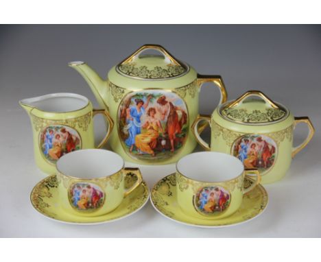 A Czechoslovakian tete a tete tea service, the yellow ground service printed with muses within gilt reserves and against a ye