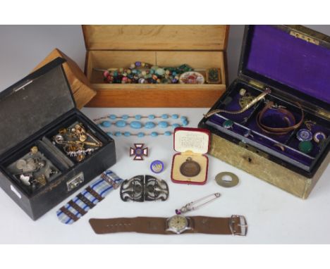 A collection of mixed jewellery and medals, to include; a Royal Life Saving Society medallion, an Army Ordinance cap badge, a