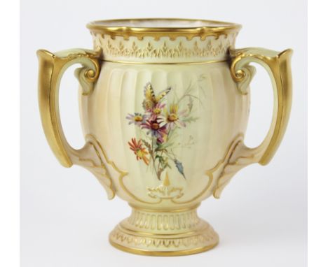 A Royal Worcester blush ivory tyg by Edward Raby, 1895, the fluted, pedestal body florally enamelled with summer bouquets, wi