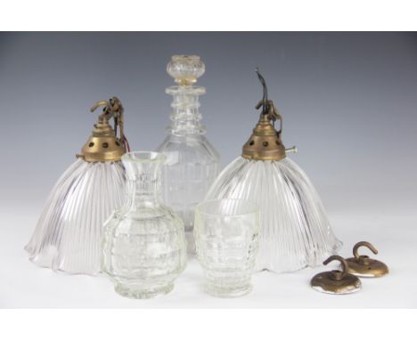 Two ribbed glass vintage light shades with fittings, a 19th century mallet shaped decanter and stopper and a caraffe and glas