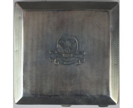 An Asprey and Co silver powder compact, monogrammed with the crest for The Lancers 'Death or Glory', Birmingham 1940, of squa