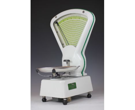 A vintage enamel shop weighing scales, with stainless steel tray, 57cm