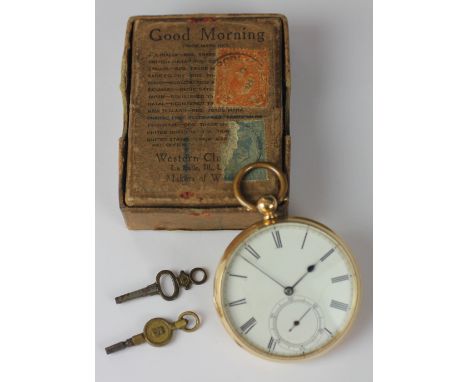 A Victorian 18ct yellow gold, open face pocket watch, London 1877, the white enamel dial with black Roman numerals and subsid