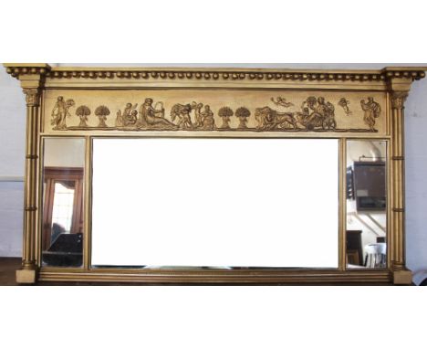 A Regency gilt wood and gesso over mantle mirror, the moulded cornice with ball detailing above an allegorical panel decorate