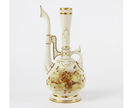 An unusual Royal Worcester blush ivory ewer, 1891, shape number 1191, the Persian inspired body decorated with orange and yel