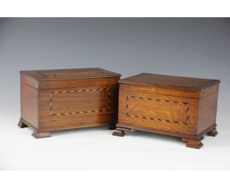Two inlaid oak boxes, each on moulded bracket feet, 23cm and 22cm (2)