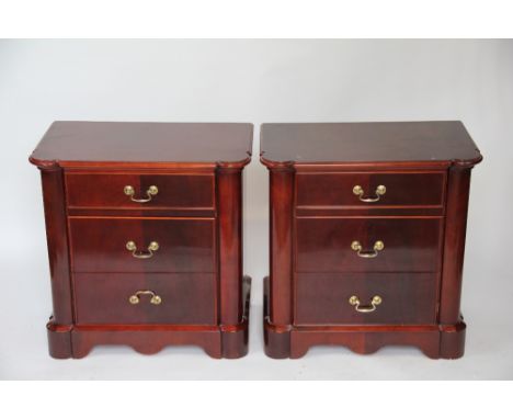 A pair of modern Italian mahogany bedside chests, each with three drawers and corner pilasters, on bracket feet, 60cm H x 75c