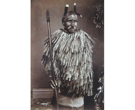 Elizabeth Pulman (1836-1900), 'Menehira Whatiwatihoe' holding a taiaha, an albumen photograph, titled within the image and nu