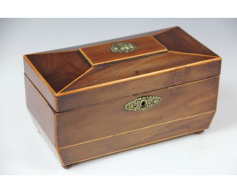 A Regency mahogany and boxwood tea caddy, on bun feet, and a smaller walnut tea caddy, 27cm and 17.5cm (2)