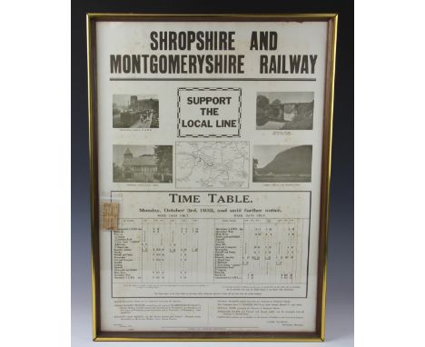 Shropshire and Montgomeryshire Railway, a framed time table from Monday October 3rd 1923, 62cm x 44cm, a third class travel t