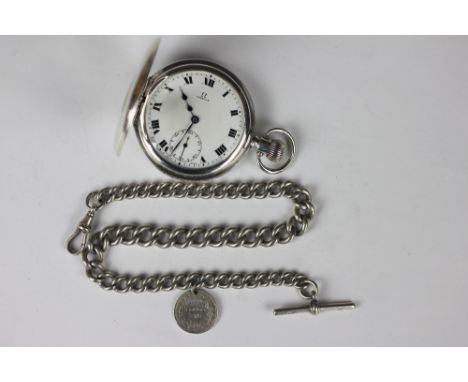 A silver Omega half hunter pocket watch, Birmingham 1921, the cover enclosing white enamel dial with black Roman numerals and