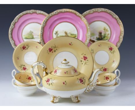A 19th century Staffordshire part tea service, comprising teapot and cover, sugar bowl (lacking cover), eleven cups, twelve s