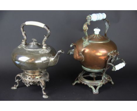 A silver plated spirit kettle, stand and burner, early 19th century, with shell cast and foliate stand, floral finial and tur