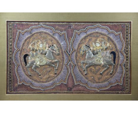 An Indian sequin work panel, decorated with two figures on horseback, within a jewelled cobochon border, framed, 46cm x 79cm 
