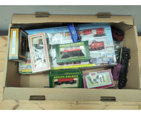 Box of OO gauge model railway carriages and rolling stock including Play Town 41 piece set, two Replica Railways hopper truck