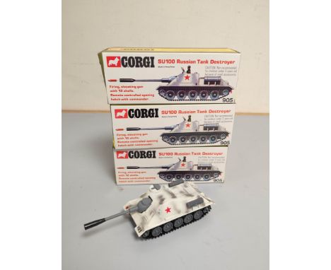 Corgi Toys: Three boxed SU100 Russian Tank Destroyers with firing missiles No 905.&nbsp; 