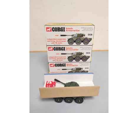 Corgi Toys: Three boxed Saladin Armoured Cars with firing shells No 906. 