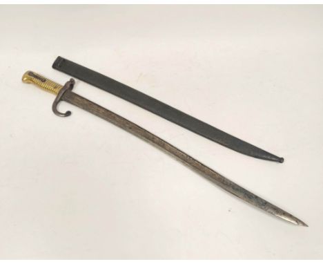 French M1866 Chassepot sword bayonet with brass ridged handle, inspection marks to ricasso and numbered steel guard. With ori