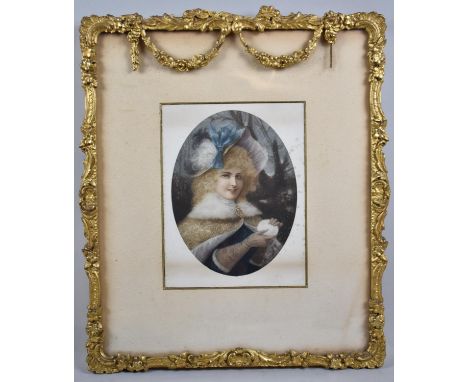 A Pretty Gilt Frame Decorated with Floral Swags, Containing Print of Victorian Girl with Snowball, Frame 36x42cm Overall 