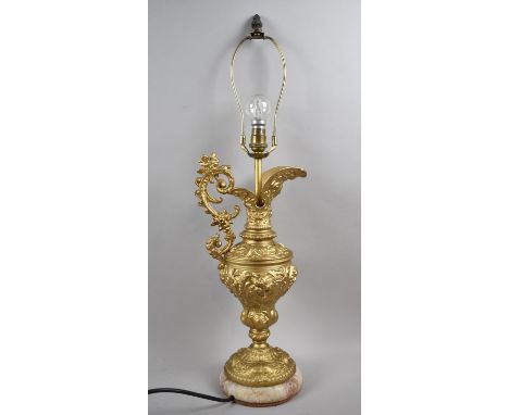 A Gilt Sprayed Metal Table Lamp in the Form of a Continental Claret Jug on Circular Marble Plinth, 65cm high 