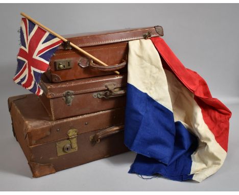 Three Vintage Suitcases Together with Vintage Flags etc 