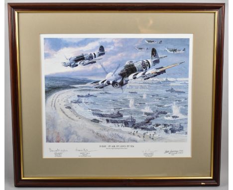 A Framed D Day Print by Brian Sanders, 1248/2950, Signed by the Artist and Soldiers, 38x28cm 