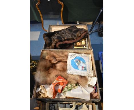 A Vintage Case Containing Fur Stoles, Silk Scarves and Handkerchiefs and Other Materials 
