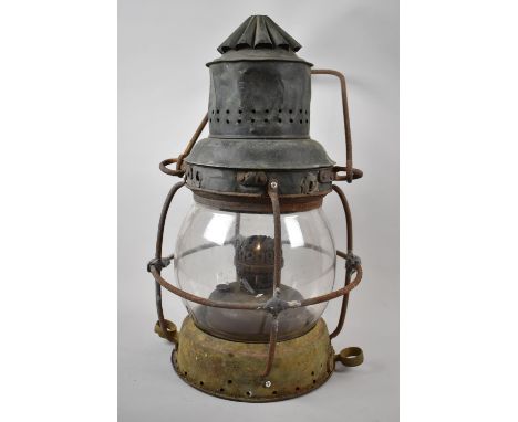 A Large Brass and Iron Ships Light, 51cm high, with Burner but Condition Issues 