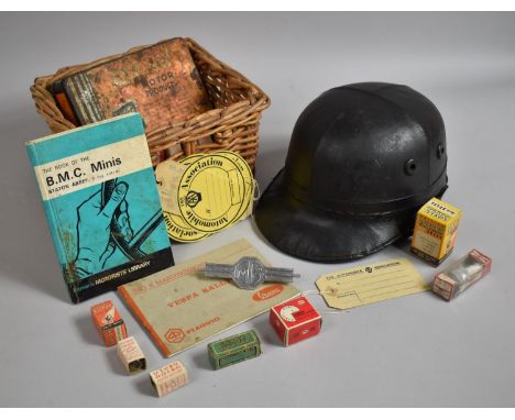A Collection of Vintage Motoring Items to Include Car Light Bulbs, Spark Plugs, MG Badge, Manuals, Safety Helmet etc 