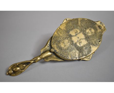 A Heavy Mid 20th Century French Oval Hand Mirror with Cherub Decoration to Handle and Maiden Finial, Relief Decoration to Rev